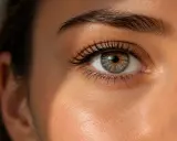 Œil humain aux iris verts et bruns, reflet de la lumière. L'astaxanthine bienfaits pour la peau et la vision sont visibles ici.