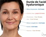 Visage d'une femme avec des lignes indiquant la durée des traitements à l'acide hyaluronique. Attention, l'acide hyaluronique n'assèche pas la peau, il la repulpe.