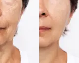 Comparaison avant/après : la peau du visage montre une réduction visible des ridules et une amélioration de la texture.