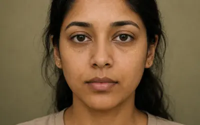 Visage d'une jeune femme avec de petits points blancs sous les yeux, indiquant un grain de milium infecté.