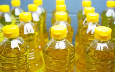 Plusieurs bouteilles d'huile de tournesol, au liquide doré, aux bouchons jaunes vifs. L'huile de tournesol, danger potentiel si mal stockée.