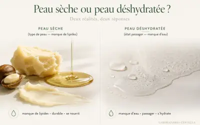 Beurre de karité et huile pour peau sèche (manque de lipides). Gouttes d'eau pour peau déshydratée (perte insensible en eau).
