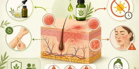 Huile essentielle de tea tree pour soulager l'eczéma. Illustration montrant l'application sur la peau et les effets apaisants.