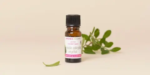 Flacon d'acide salicylique végétal Aroma-Zone, un actif cosmétique purifiant et clarifiant pour la peau, entouré de feuilles vertes.
