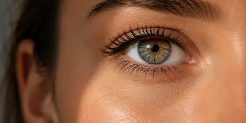 Œil humain aux iris verts et bruns, reflet de la lumière. L'astaxanthine bienfaits pour la peau et la vision sont visibles ici.