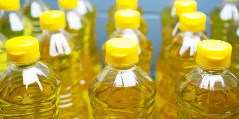 Plusieurs bouteilles d'huile de tournesol, au liquide doré, aux bouchons jaunes vifs. L'huile de tournesol, danger potentiel si mal stockée.