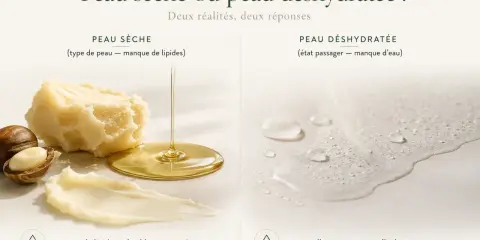Beurre de karité et huile pour peau sèche (manque de lipides). Gouttes d'eau pour peau déshydratée (perte insensible en eau).