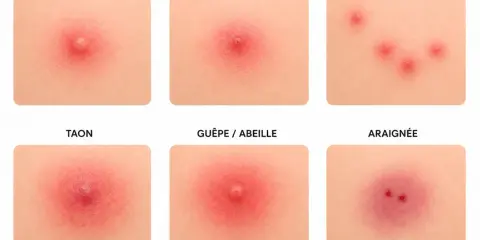 Six images montrant des piqûres d'insectes et d'araignées, certaines semblant faire murir un bouton.