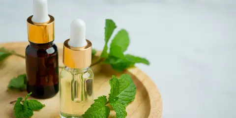 Deux flacons d'huile végétale, entourés de feuilles de menthe fraîche, suggèrent un remède naturel pour le psoriasis.