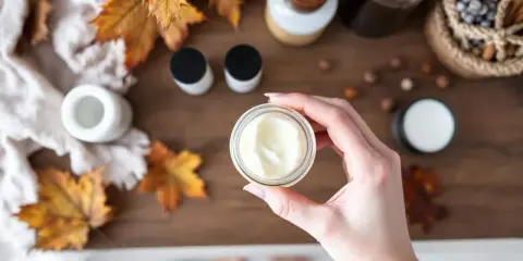 Maintenant, je ne veux plus mettre aucune crème sur ma peau. Une main tient un pot de crème, entouré de feuilles d'automne et de produits de soin.