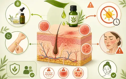 Huile essentielle de tea tree pour soulager l'eczéma. Illustration montrant l'application sur la peau et les effets apaisants.