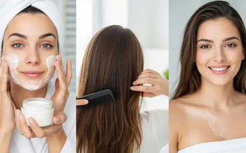 Soins du visage et des cheveux : une femme applique une crème, se peigne les cheveux. Attention, le panthénol peut présenter un danger.