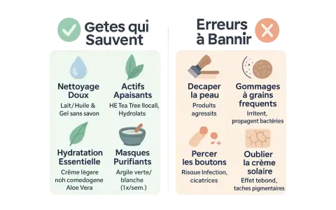 Conseils pour une peau à imperfections : nettoyage doux, actifs apaisants, hydratation essentielle, masques purifiants. À éviter : décaper la peau, gommages fréquents, percer les boutons, oublier la crème solaire.