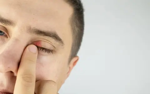Un homme touche son œil, dont les paupières rouges montrent un orgelet.