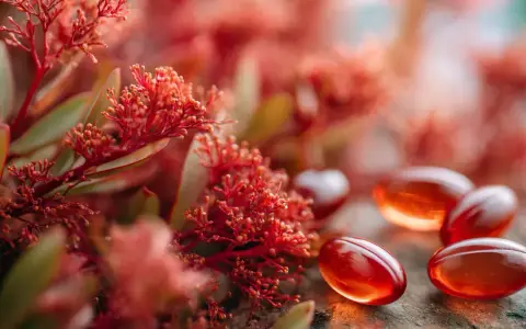 Gélules rouges orangées près de plantes rouges. L'astaxanthine, bien que bénéfique, peut présenter un danger si mal dosée.