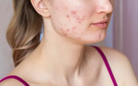 Visage d'une jeune femme montrant des rougeurs et des boutons, signes d'acné inflammatoire.