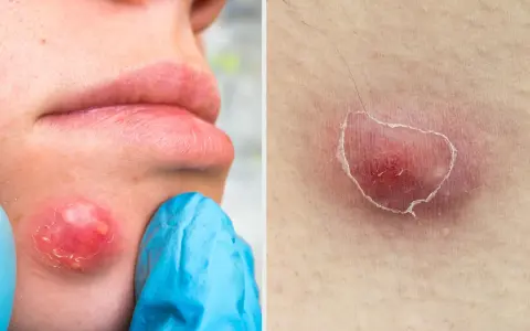 Gros bouton blanc sur la joue, examiné par une main gantée de bleu. Un autre bouton rouge et enflammé sur la peau.