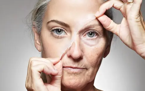 Visage d'une femme dont la peau est retirée, révélant les signes du vieillissement cutané.
