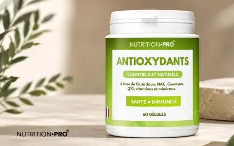 Flacon de compléments "Antioxydants" de Nutrition Pro, essentiels et naturels pour la santé et l'immunité.