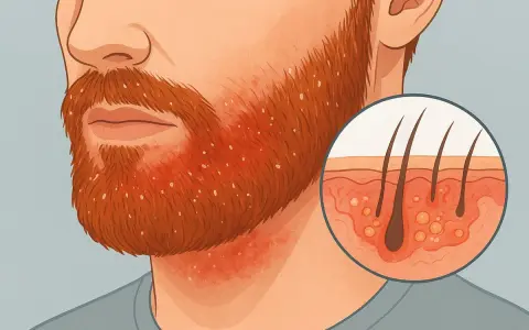 Gros plan sur une barbe rousse avec des pellicules. Un cercle montre une coupe de peau avec des follicules pileux.