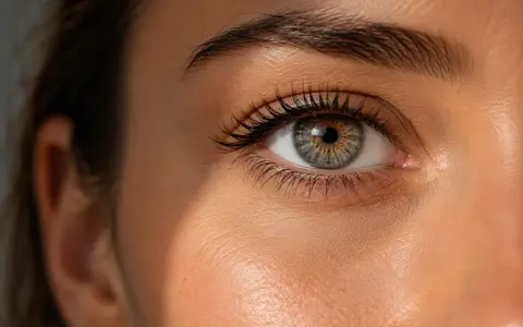 Œil humain aux iris verts et bruns, reflet de la lumière. L'astaxanthine bienfaits pour la peau et la vision sont visibles ici.