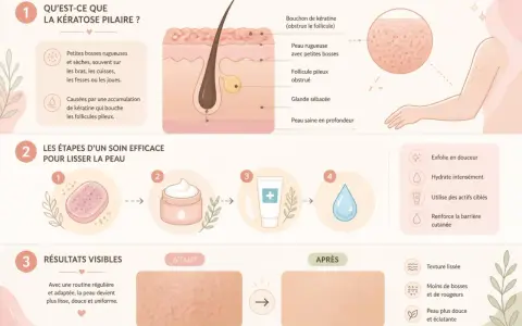 Illustration expliquant la kératose pilaire, une affection cutanée courante sur la peau noire, causant des bosses. Elle montre les étapes d'un soin pour lisser la peau.