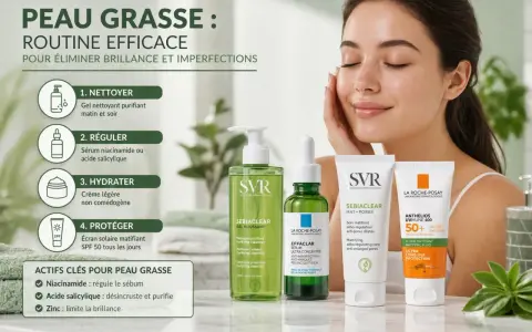 Routine efficace pour peau grasse : nettoyer, réguler avec niacinamide, hydrater, protéger. Acide salicylique et zinc sont clés.