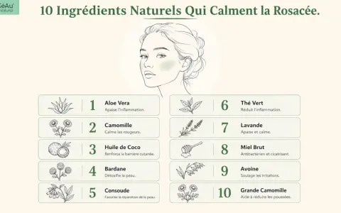L'aloe vera et la camomille apaisent la peau sujette à la couperose. Illustration d'une femme et liste d'ingrédients naturels.