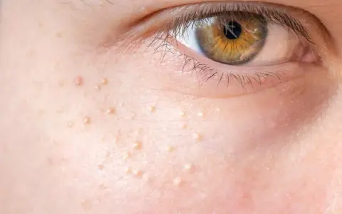 Gros plan sur la peau d'un œil, parsemée de petits points blancs, des grains de milium, qui ressemblent à de minuscules perles incrustées.