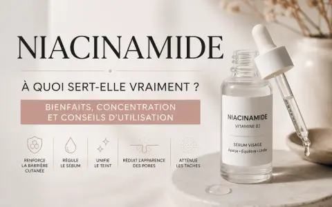 Sérum visage à la niacinamide, expliquant ses bienfaits : renforce la barrière cutanée, régule le sébum, unifie le teint, réduit les pores et atténue les taches. Conseils d'utilisation inclus.