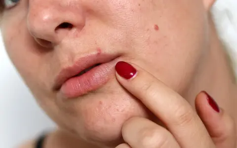 Un doigt avec un ongle rouge touche un petit bouton acné lèvre.