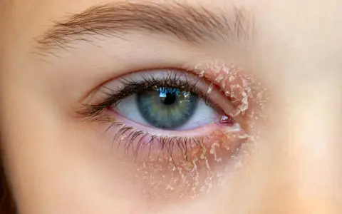 Œil avec peau sèche et squameuse autour, symptôme d'un eczéma paupière.