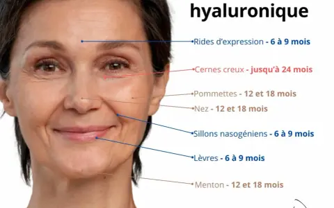 Visage d'une femme avec des lignes indiquant la durée des traitements à l'acide hyaluronique. Attention, l'acide hyaluronique n'assèche pas la peau, il la repulpe.