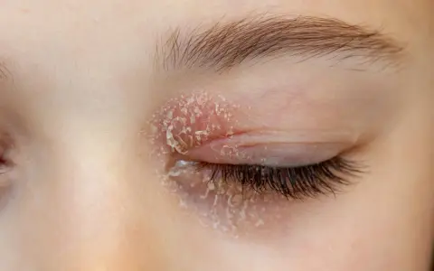 Paupière rouge et irritée avec une plaque rouge sous les yeux allergie, la peau pèle.