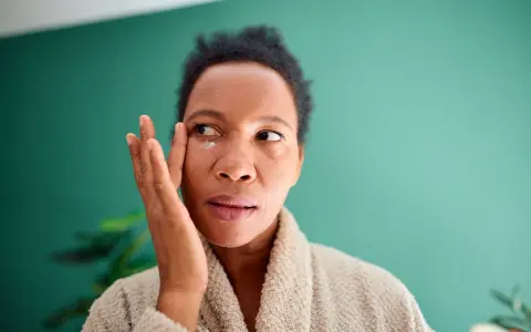 Femme appliquant une crème contour des yeux pour atténuer ses cernes vasculaires.