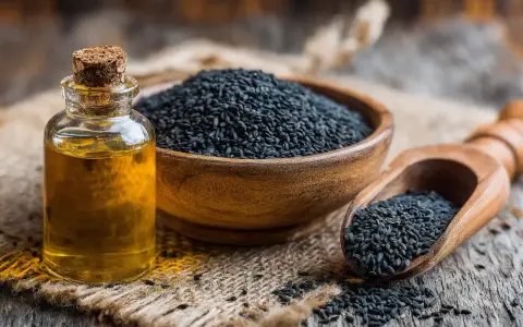Flacon d'huile de nigelle à côté d'un bol de graines noires. L'huile de nigelle est réputée pour soulager l'eczéma.