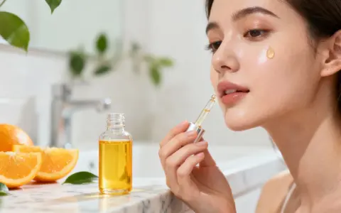 Une femme applique un sérum éclatant, riche en vitamine C et E, inspiré par la fraîcheur des oranges.
