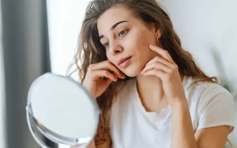 Jeune femme examinant un bouton sur sa joue, se demandant si le dentifrice pourrait aider.