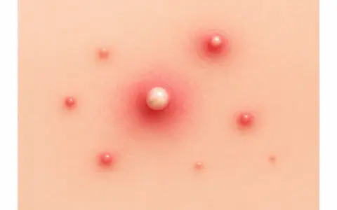 Gros plan sur un type de bouton sur la peau, avec un bouton blanc au centre entouré de rougeurs et de plusieurs petits boutons.