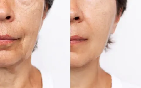 Comparaison avant/après : la peau du visage montre une réduction visible des ridules et une amélioration de la texture.