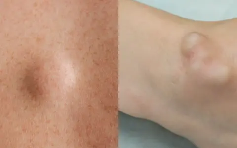 Gros plan sur une peau avec des taches de rousseur et une boule de graisse sous-cutanée sur le bras.