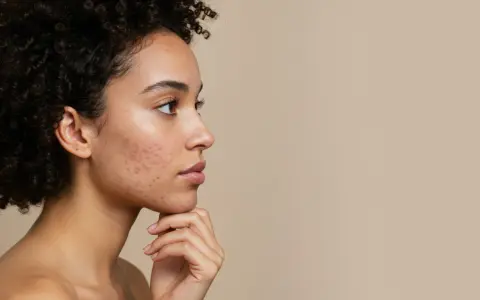 Profil d'une jeune femme avec de l'acné sur la joue, illustrant l'effet du sucre sur la peau.