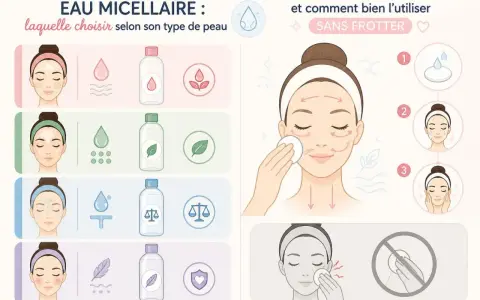 Guide pour choisir l'eau micellaire selon son type de peau et son utilisation sans frotter. La composition de l'eau micellaire est illustrée.