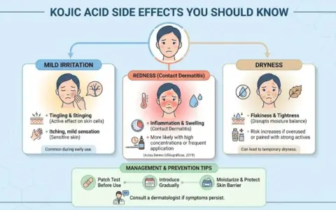 Effets secondaires de l'acide kojique : irritation, rougeur, sécheresse. Le danger de l'acide kojique réside dans ces réactions cutanées.