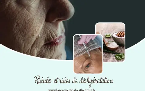 Gros plan sur une peau marquée par des ridules de déshydratation. Une injection et de l'aloe vera suggèrent des solutions.