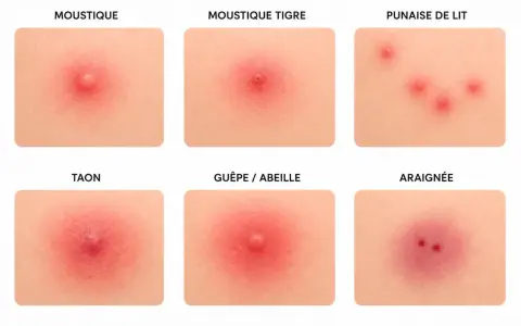 Six images montrant des piqûres d'insectes et d'araignées, certaines semblant faire murir un bouton.