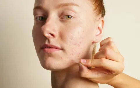 Une main applique un petit pansement transparent sur un bouton d'acné sur le visage d'une jeune femme rousse.