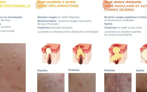 Illustration des différents types d'acné : rétentionnelle, inflammatoire, nodulaire et kystique. Chaque type d'acné est décrit avec ses caractéristiques et représenté par des schémas et des photos.