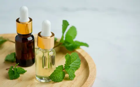 Deux flacons d'huile végétale, entourés de feuilles de menthe fraîche, suggèrent un remède naturel pour le psoriasis.