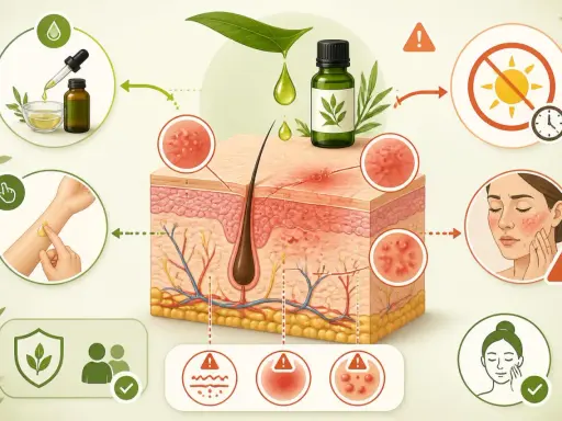 Huile essentielle de tea tree pour soulager l'eczéma. Illustration montrant l'application sur la peau et les effets apaisants.